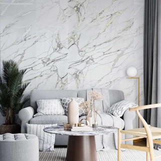 Panel decorativo blanco con vetas plateadas | Interior luminoso