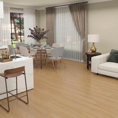 Suelo spc color miel cálido resistente y fácil de instalar